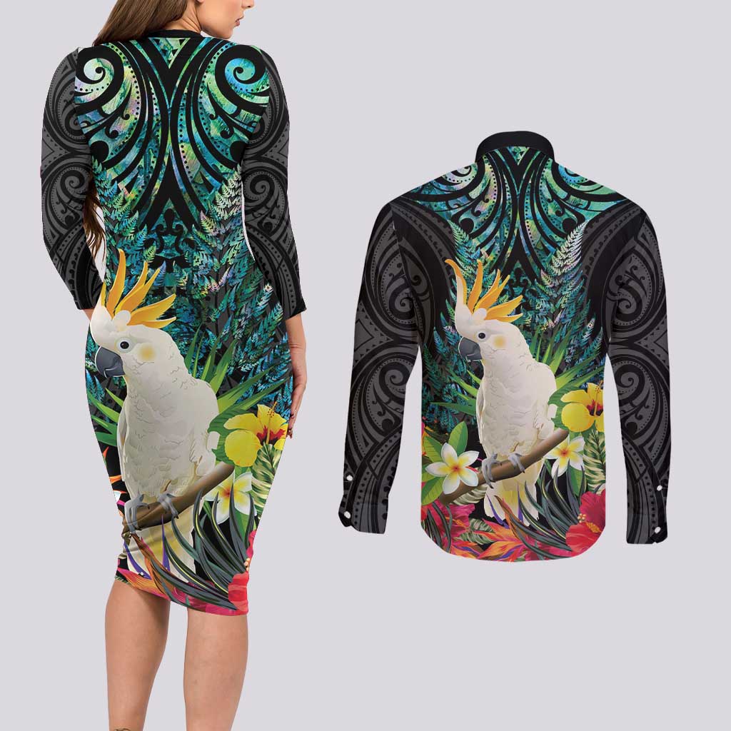 Sulphur-crested Cockatoo New Zealand Couples Matching Long Sleeve Bodycon Dress and Long Sleeve Button Shirt Paua Shell Aotearoa Maori Tropical Flowers - Aussie Hoodie