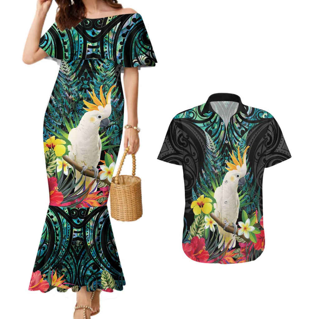 Sulphur-crested Cockatoo New Zealand Couples Matching Mermaid Dress and Hawaiian Shirt Paua Shell Aotearoa Maori Tropical Flowers - Aussie Hoodie