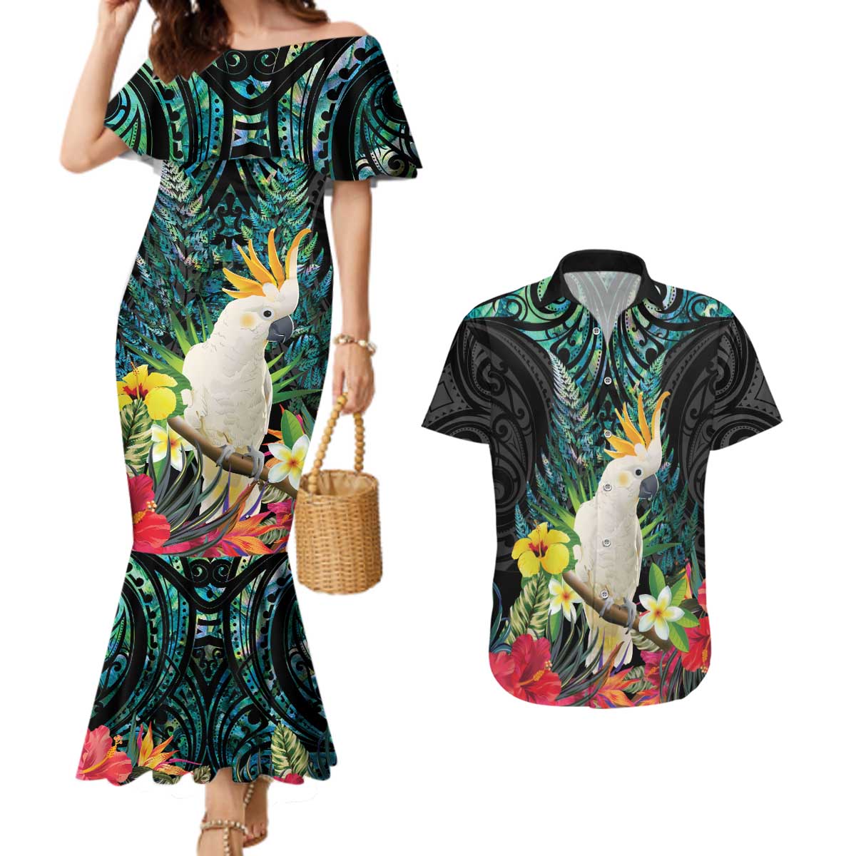 Sulphur-crested Cockatoo New Zealand Couples Matching Mermaid Dress and Hawaiian Shirt Paua Shell Aotearoa Maori Tropical Flowers - Aussie Hoodie