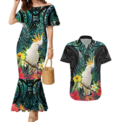 Sulphur-crested Cockatoo New Zealand Couples Matching Mermaid Dress and Hawaiian Shirt Paua Shell Aotearoa Maori Tropical Flowers - Aussie Hoodie
