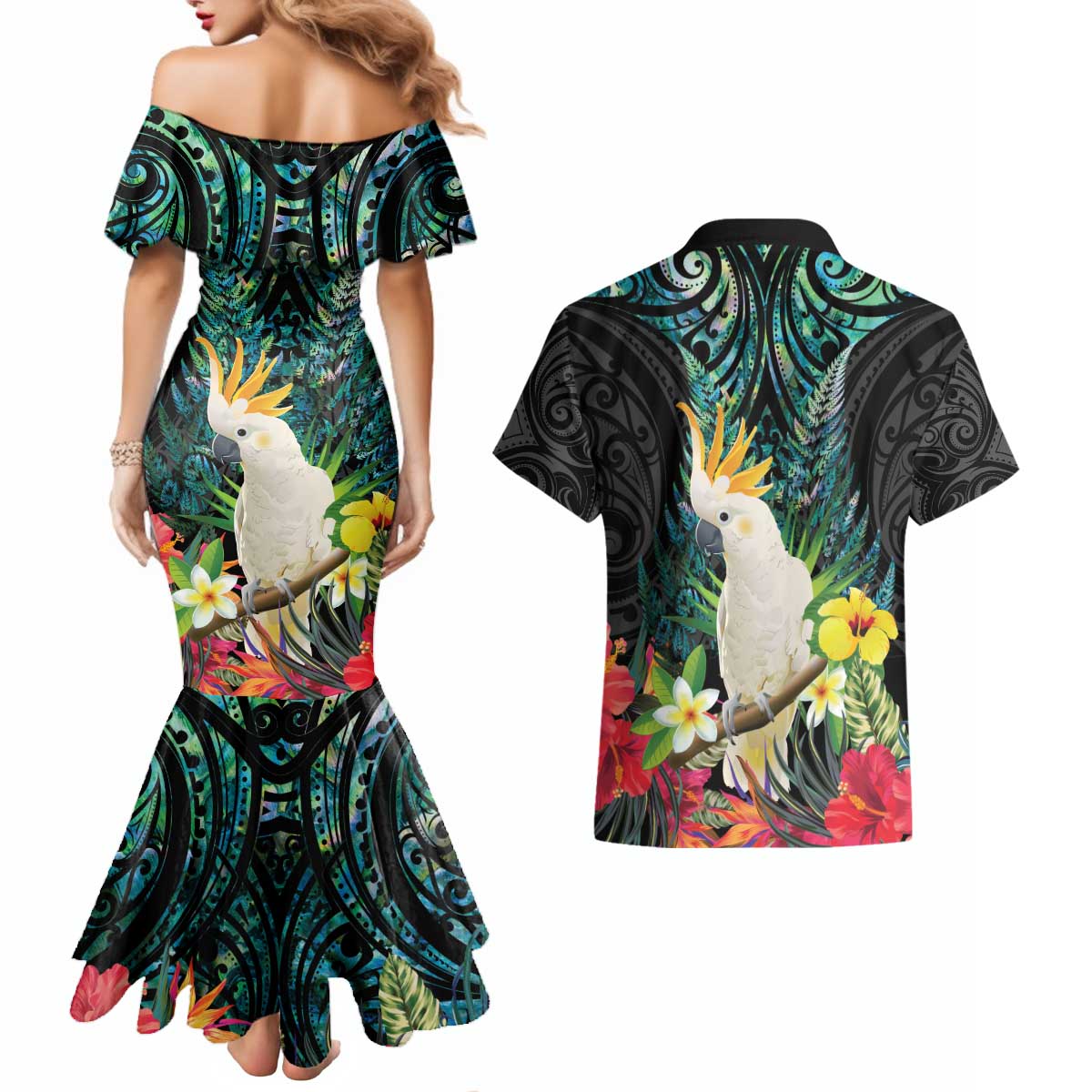 Sulphur-crested Cockatoo New Zealand Couples Matching Mermaid Dress and Hawaiian Shirt Paua Shell Aotearoa Maori Tropical Flowers - Aussie Hoodie