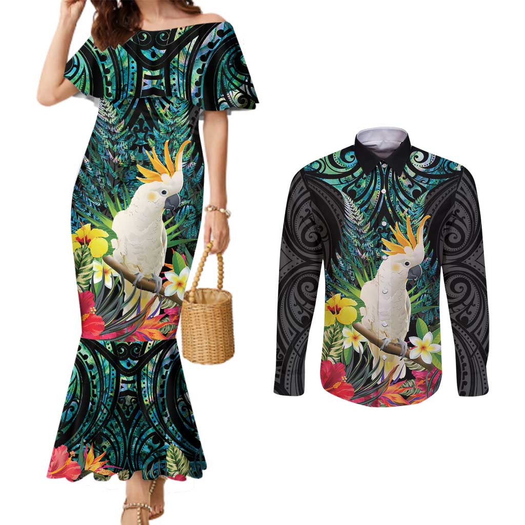Sulphur-crested Cockatoo New Zealand Couples Matching Mermaid Dress and Long Sleeve Button Shirt Paua Shell Aotearoa Maori Tropical Flowers - Aussie Hoodie