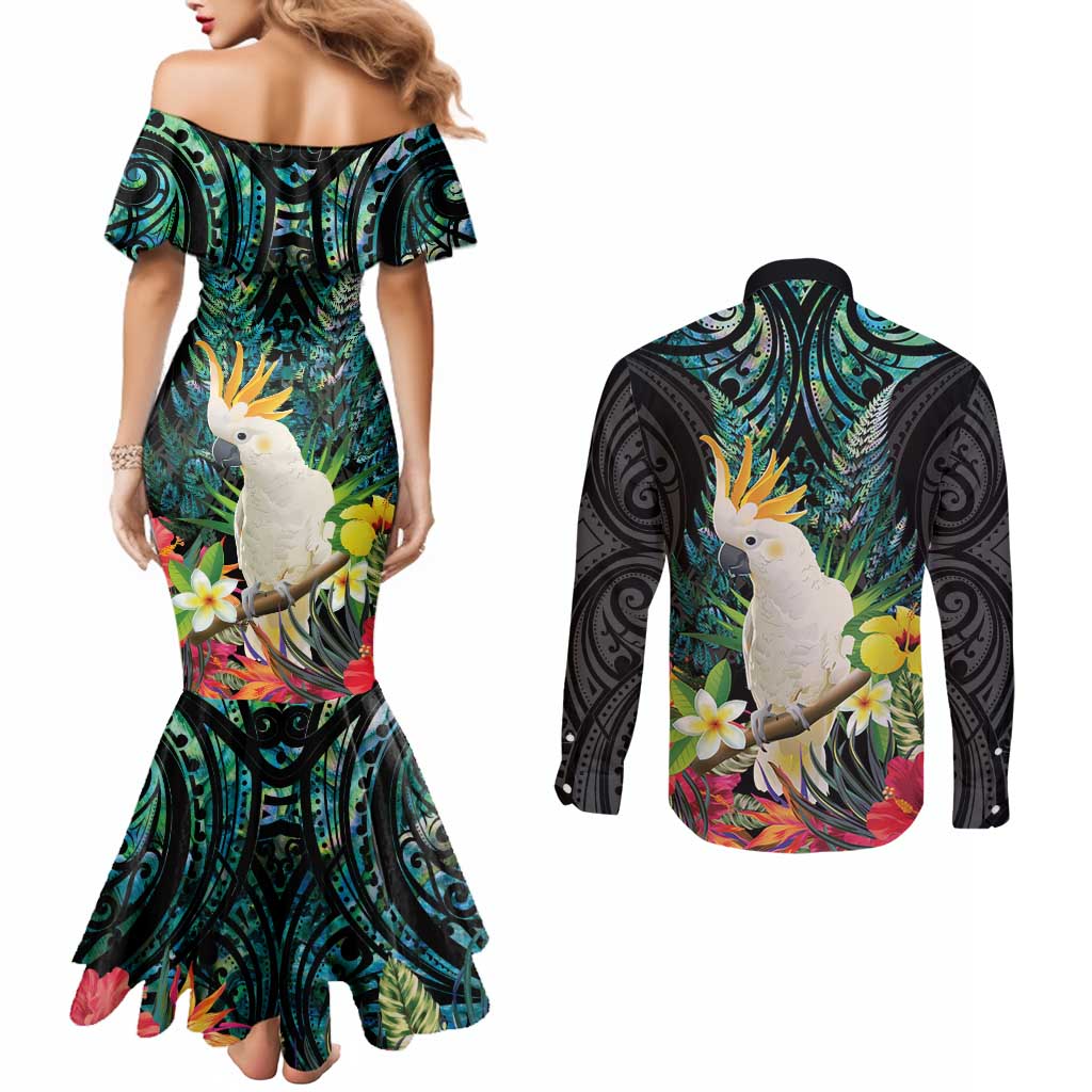 Sulphur-crested Cockatoo New Zealand Couples Matching Mermaid Dress and Long Sleeve Button Shirt Paua Shell Aotearoa Maori Tropical Flowers - Aussie Hoodie