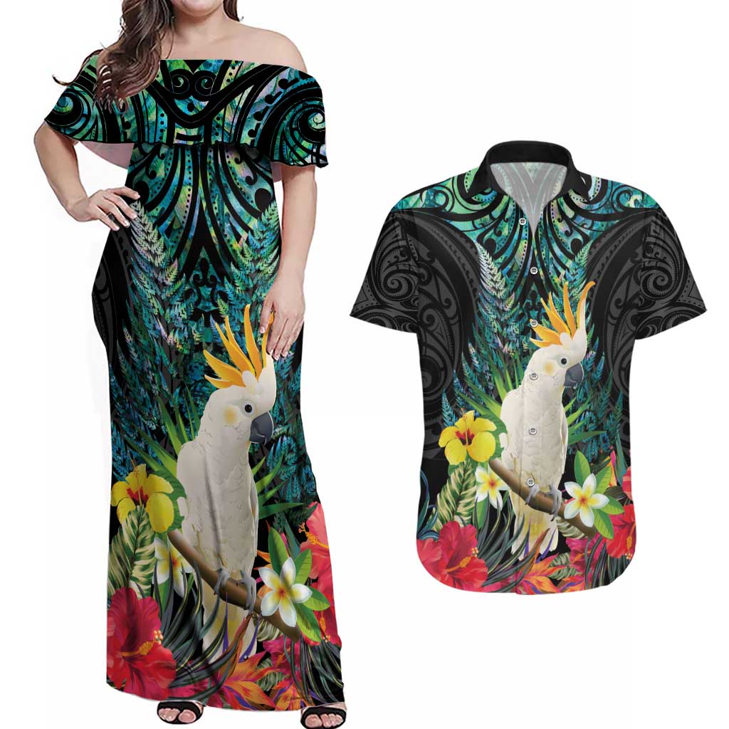 Sulphur-crested Cockatoo New Zealand Couples Matching Off Shoulder Maxi Dress and Hawaiian Shirt Paua Shell Aotearoa Maori Tropical Flowers - Aussie Hoodie