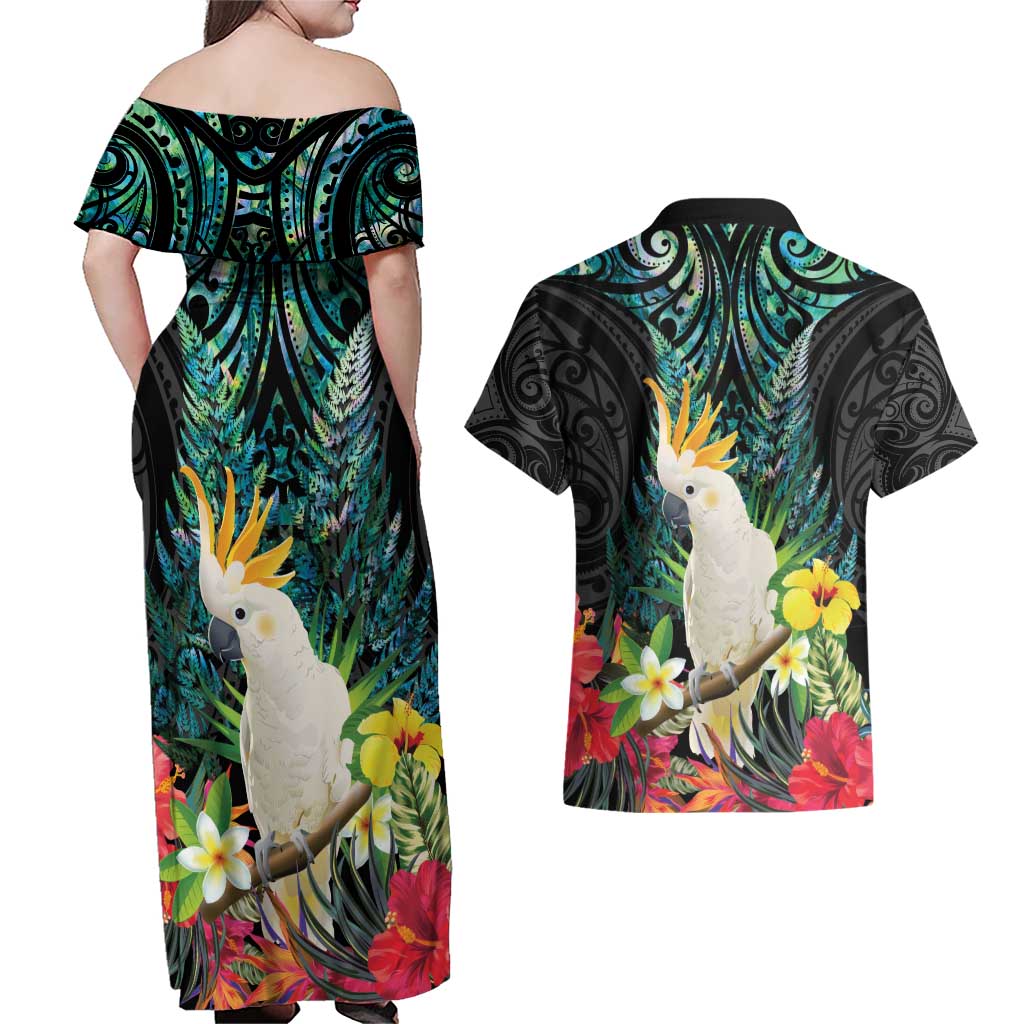 Sulphur-crested Cockatoo New Zealand Couples Matching Off Shoulder Maxi Dress and Hawaiian Shirt Paua Shell Aotearoa Maori Tropical Flowers - Aussie Hoodie