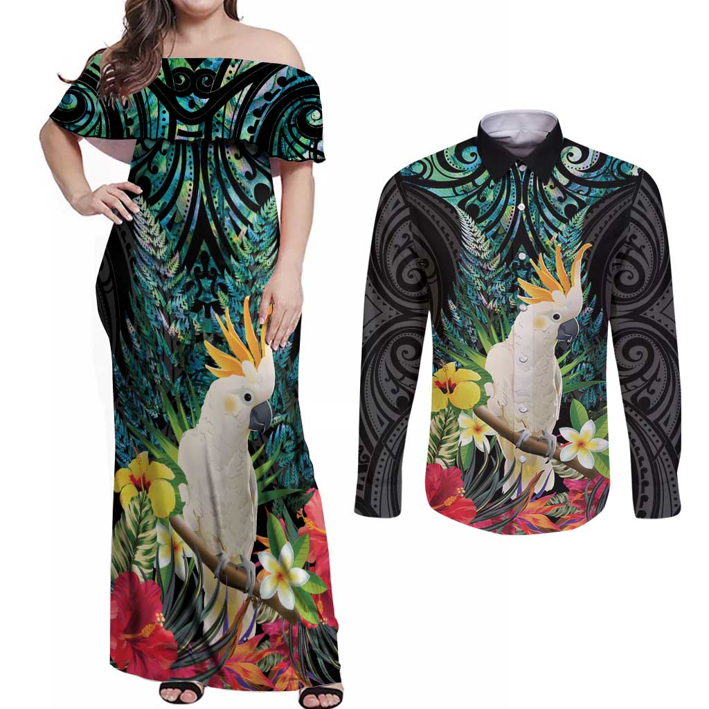 Sulphur-crested Cockatoo New Zealand Couples Matching Off Shoulder Maxi Dress and Long Sleeve Button Shirt Paua Shell Aotearoa Maori Tropical Flowers - Aussie Hoodie