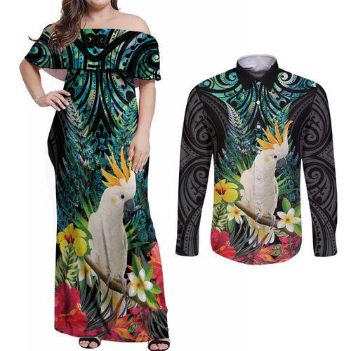 Sulphur-crested Cockatoo New Zealand Couples Matching Off Shoulder Maxi Dress and Long Sleeve Button Shirt Paua Shell Aotearoa Maori Tropical Flowers - Aussie Hoodie
