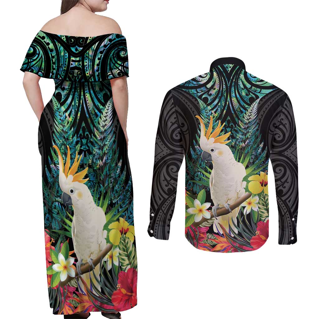 Sulphur-crested Cockatoo New Zealand Couples Matching Off Shoulder Maxi Dress and Long Sleeve Button Shirt Paua Shell Aotearoa Maori Tropical Flowers - Aussie Hoodie