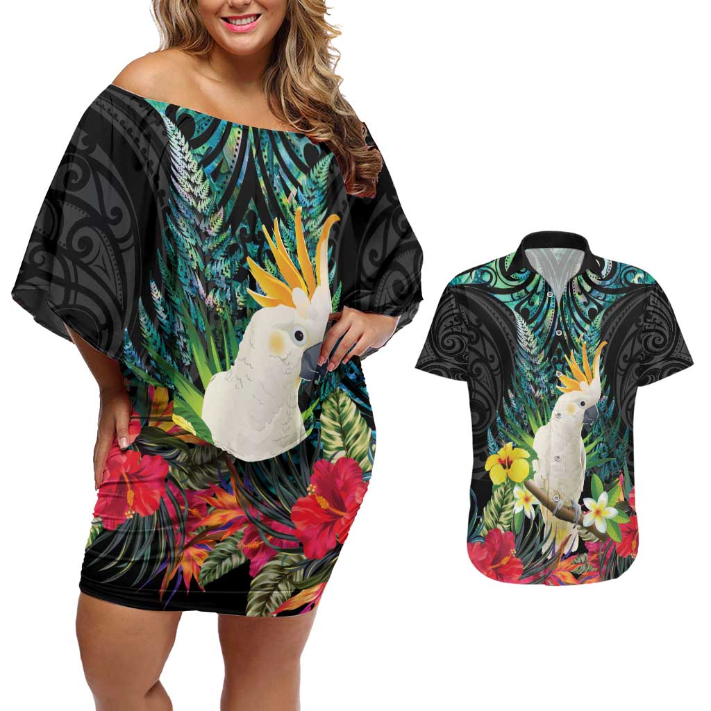 Sulphur-crested Cockatoo New Zealand Couples Matching Off Shoulder Short Dress and Hawaiian Shirt Paua Shell Aotearoa Maori Tropical Flowers - Aussie Hoodie