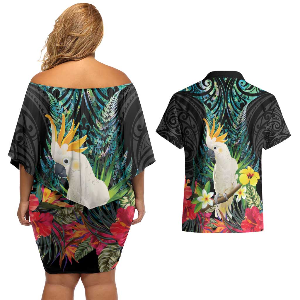 Sulphur-crested Cockatoo New Zealand Couples Matching Off Shoulder Short Dress and Hawaiian Shirt Paua Shell Aotearoa Maori Tropical Flowers - Aussie Hoodie