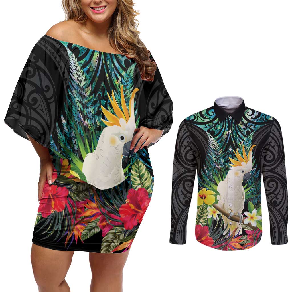 Sulphur-crested Cockatoo New Zealand Couples Matching Off Shoulder Short Dress and Long Sleeve Button Shirt Paua Shell Aotearoa Maori Tropical Flowers - Aussie Hoodie