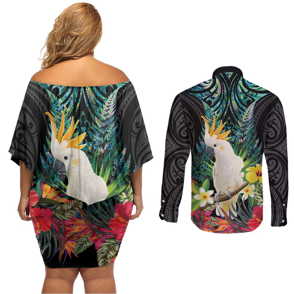 Sulphur-crested Cockatoo New Zealand Couples Matching Off Shoulder Short Dress and Long Sleeve Button Shirt Paua Shell Aotearoa Maori Tropical Flowers - Aussie Hoodie