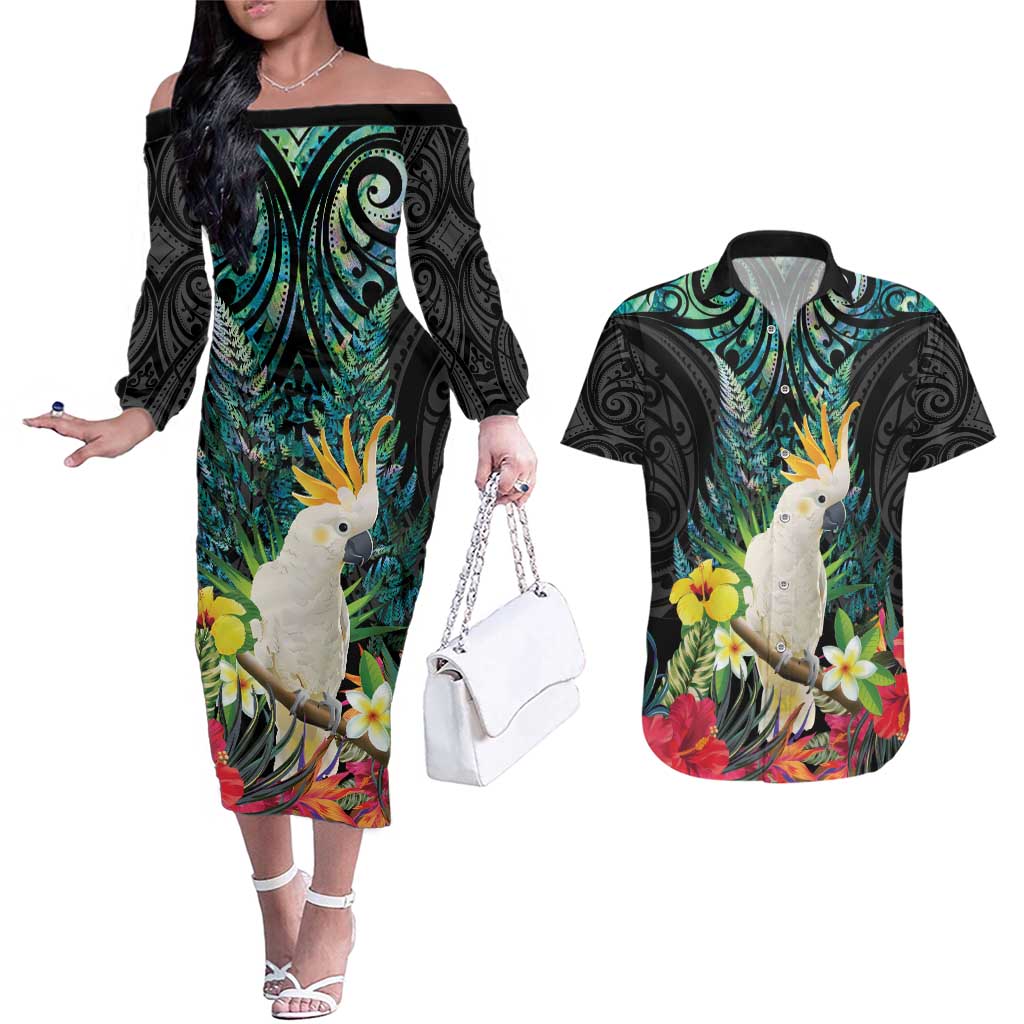 Sulphur-crested Cockatoo New Zealand Couples Matching Off The Shoulder Long Sleeve Dress and Hawaiian Shirt Paua Shell Aotearoa Maori Tropical Flowers - Aussie Hoodie
