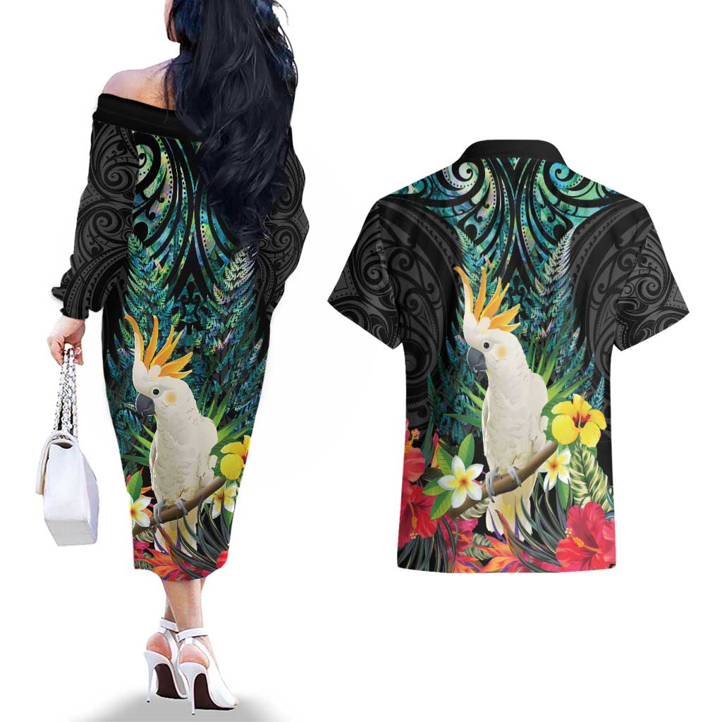 Sulphur-crested Cockatoo New Zealand Couples Matching Off The Shoulder Long Sleeve Dress and Hawaiian Shirt Paua Shell Aotearoa Maori Tropical Flowers - Aussie Hoodie