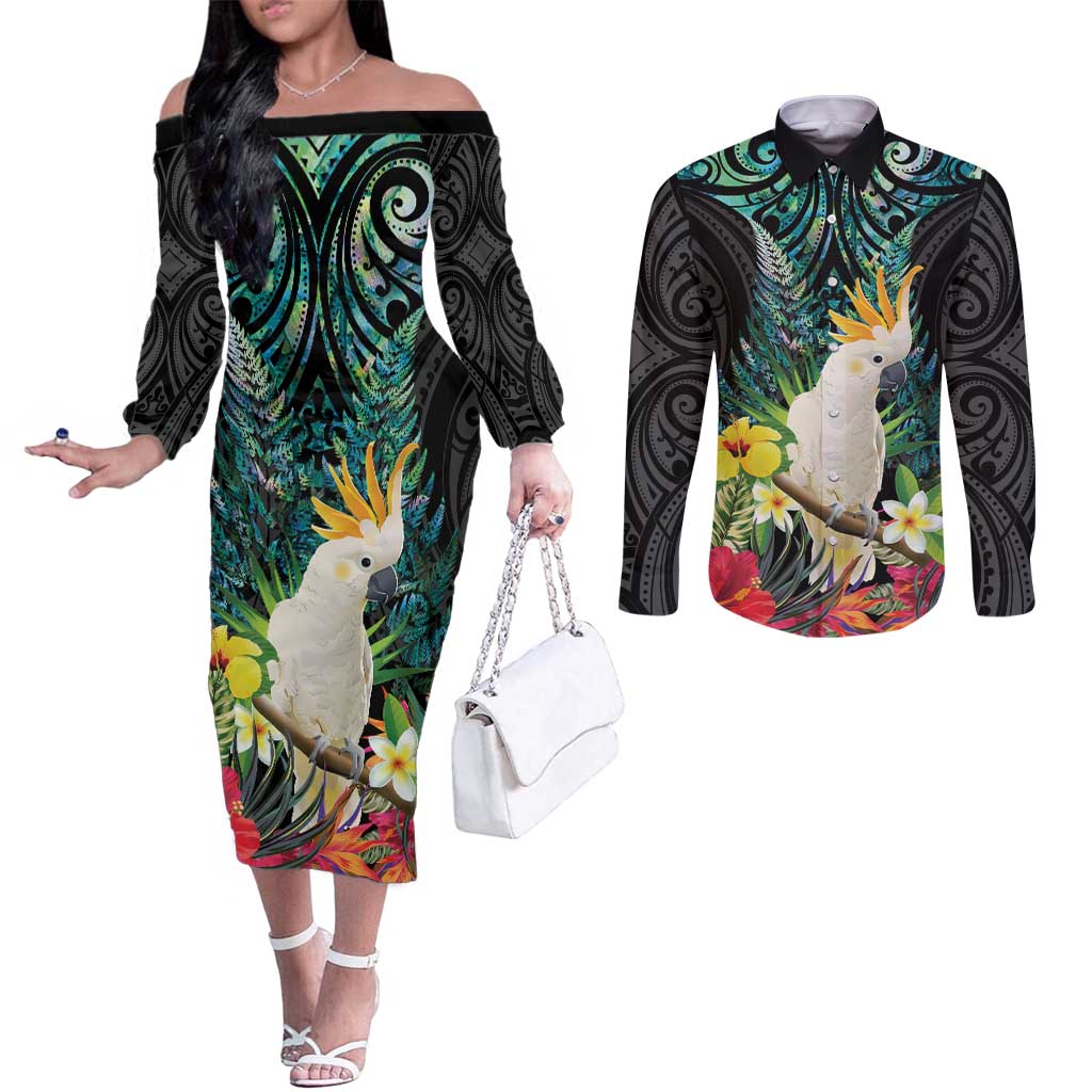 Sulphur-crested Cockatoo New Zealand Couples Matching Off The Shoulder Long Sleeve Dress and Long Sleeve Button Shirt Paua Shell Aotearoa Maori Tropical Flowers - Aussie Hoodie