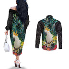 Sulphur-crested Cockatoo New Zealand Couples Matching Off The Shoulder Long Sleeve Dress and Long Sleeve Button Shirt Paua Shell Aotearoa Maori Tropical Flowers - Aussie Hoodie