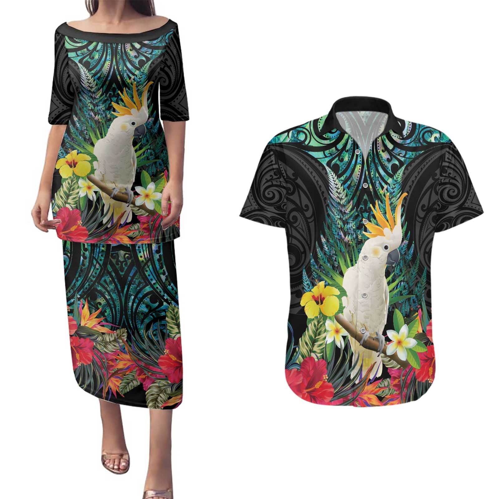 Sulphur-crested Cockatoo New Zealand Couples Matching Puletasi and Hawaiian Shirt Paua Shell Aotearoa Maori Tropical Flowers - Aussie Hoodie