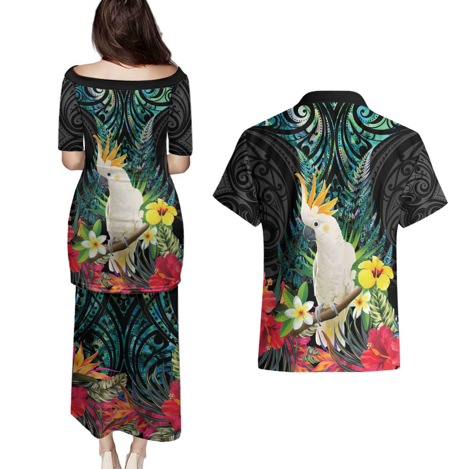 Sulphur-crested Cockatoo New Zealand Couples Matching Puletasi and Hawaiian Shirt Paua Shell Aotearoa Maori Tropical Flowers - Aussie Hoodie