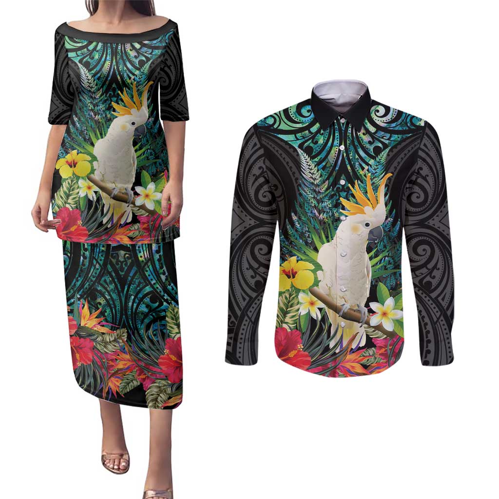 Sulphur-crested Cockatoo New Zealand Couples Matching Puletasi and Long Sleeve Button Shirt Paua Shell Aotearoa Maori Tropical Flowers - Aussie Hoodie