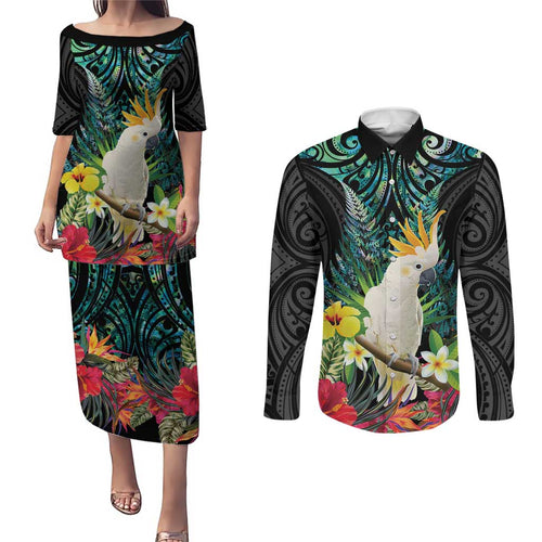 Sulphur-crested Cockatoo New Zealand Couples Matching Puletasi and Long Sleeve Button Shirt Paua Shell Aotearoa Maori Tropical Flowers - Aussie Hoodie