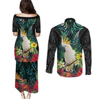 Sulphur-crested Cockatoo New Zealand Couples Matching Puletasi and Long Sleeve Button Shirt Paua Shell Aotearoa Maori Tropical Flowers - Aussie Hoodie