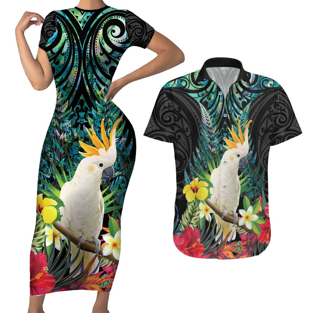Sulphur-crested Cockatoo New Zealand Couples Matching Short Sleeve Bodycon Dress and Hawaiian Shirt Paua Shell Aotearoa Maori Tropical Flowers - Aussie Hoodie