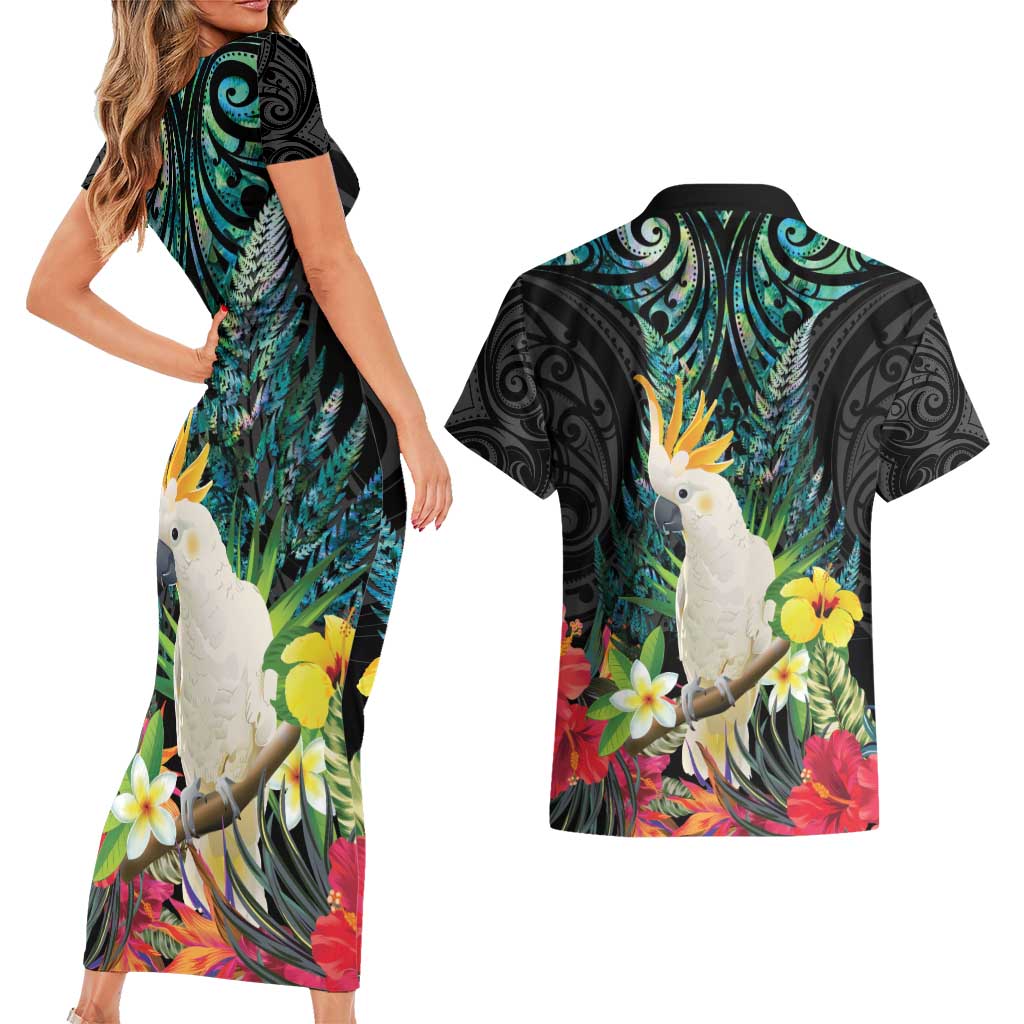 Sulphur-crested Cockatoo New Zealand Couples Matching Short Sleeve Bodycon Dress and Hawaiian Shirt Paua Shell Aotearoa Maori Tropical Flowers - Aussie Hoodie