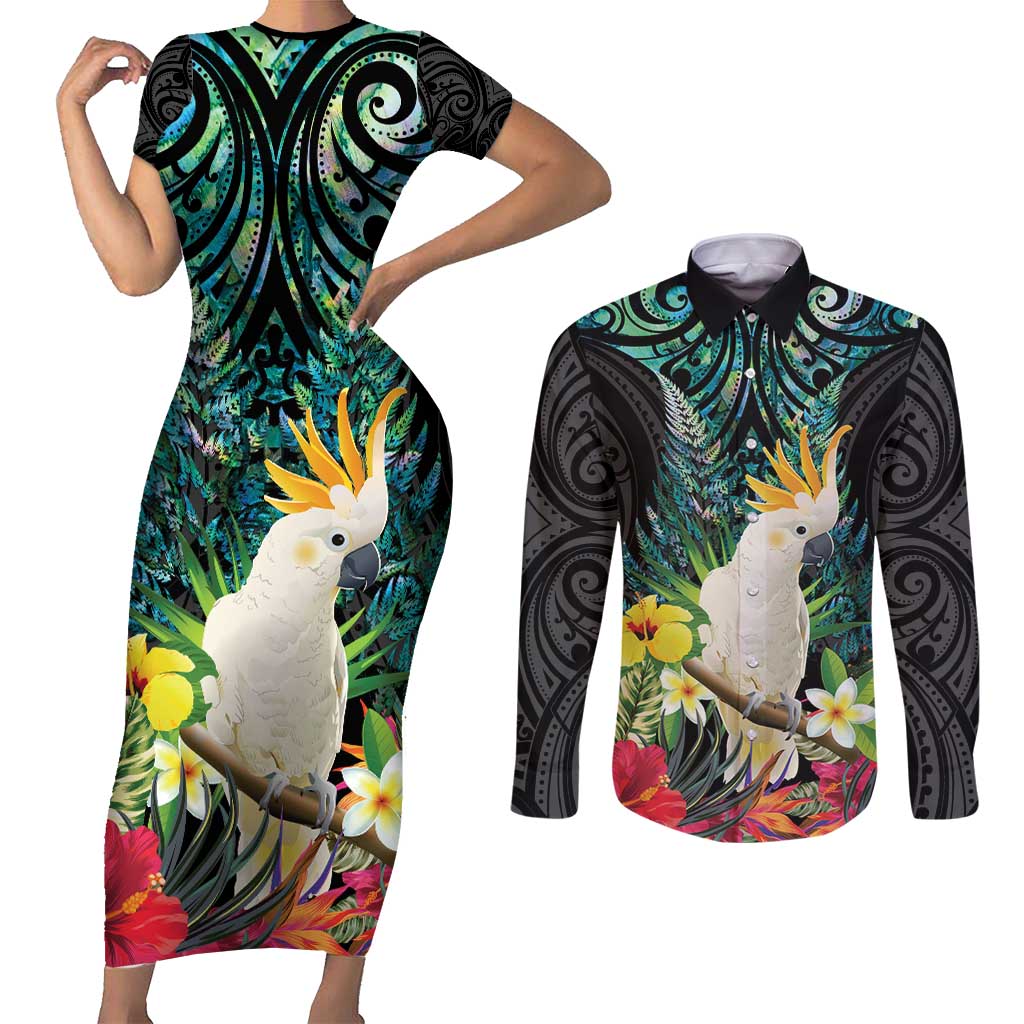 Sulphur-crested Cockatoo New Zealand Couples Matching Short Sleeve Bodycon Dress and Long Sleeve Button Shirt Paua Shell Aotearoa Maori Tropical Flowers - Aussie Hoodie