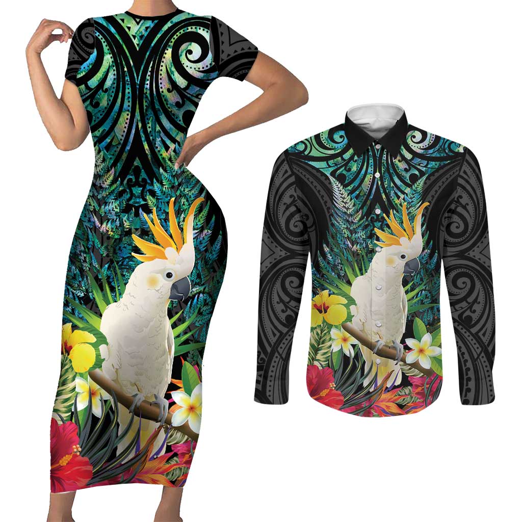 Sulphur-crested Cockatoo New Zealand Couples Matching Short Sleeve Bodycon Dress and Long Sleeve Button Shirt Paua Shell Aotearoa Maori Tropical Flowers - Aussie Hoodie