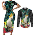 Sulphur-crested Cockatoo New Zealand Couples Matching Short Sleeve Bodycon Dress and Long Sleeve Button Shirt Paua Shell Aotearoa Maori Tropical Flowers - Aussie Hoodie