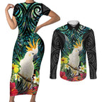 Sulphur-crested Cockatoo New Zealand Couples Matching Short Sleeve Bodycon Dress and Long Sleeve Button Shirt Paua Shell Aotearoa Maori Tropical Flowers - Aussie Hoodie