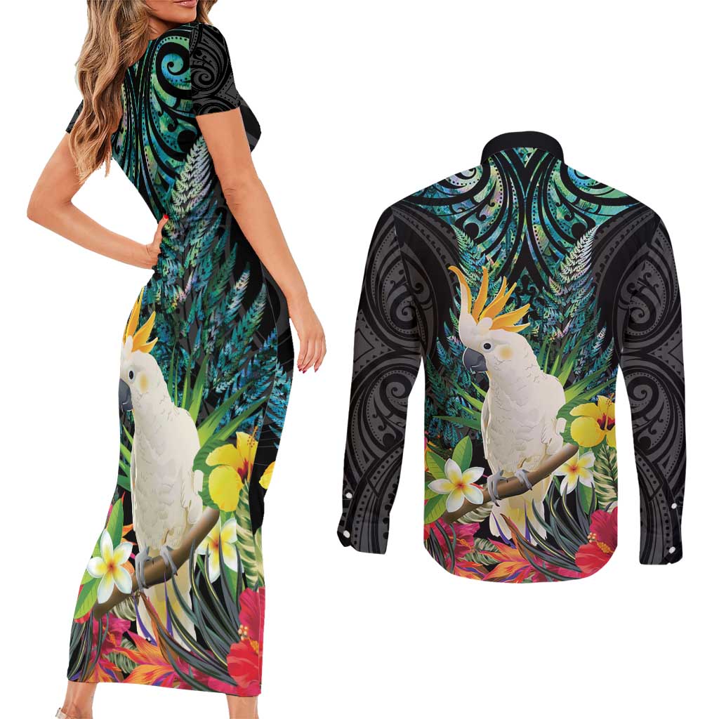 Sulphur-crested Cockatoo New Zealand Couples Matching Short Sleeve Bodycon Dress and Long Sleeve Button Shirt Paua Shell Aotearoa Maori Tropical Flowers - Aussie Hoodie
