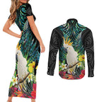 Sulphur-crested Cockatoo New Zealand Couples Matching Short Sleeve Bodycon Dress and Long Sleeve Button Shirt Paua Shell Aotearoa Maori Tropical Flowers - Aussie Hoodie