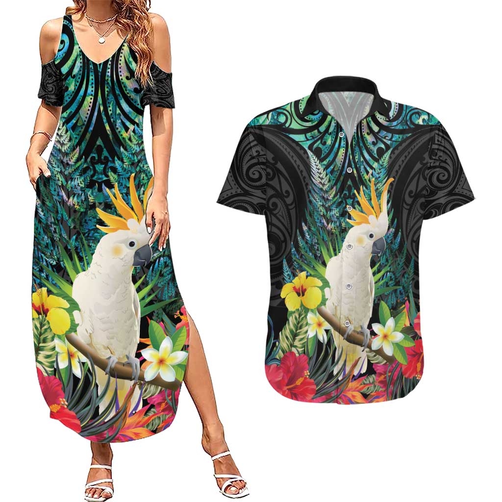 Sulphur-crested Cockatoo New Zealand Couples Matching Summer Maxi Dress and Hawaiian Shirt Paua Shell Aotearoa Maori Tropical Flowers - Aussie Hoodie