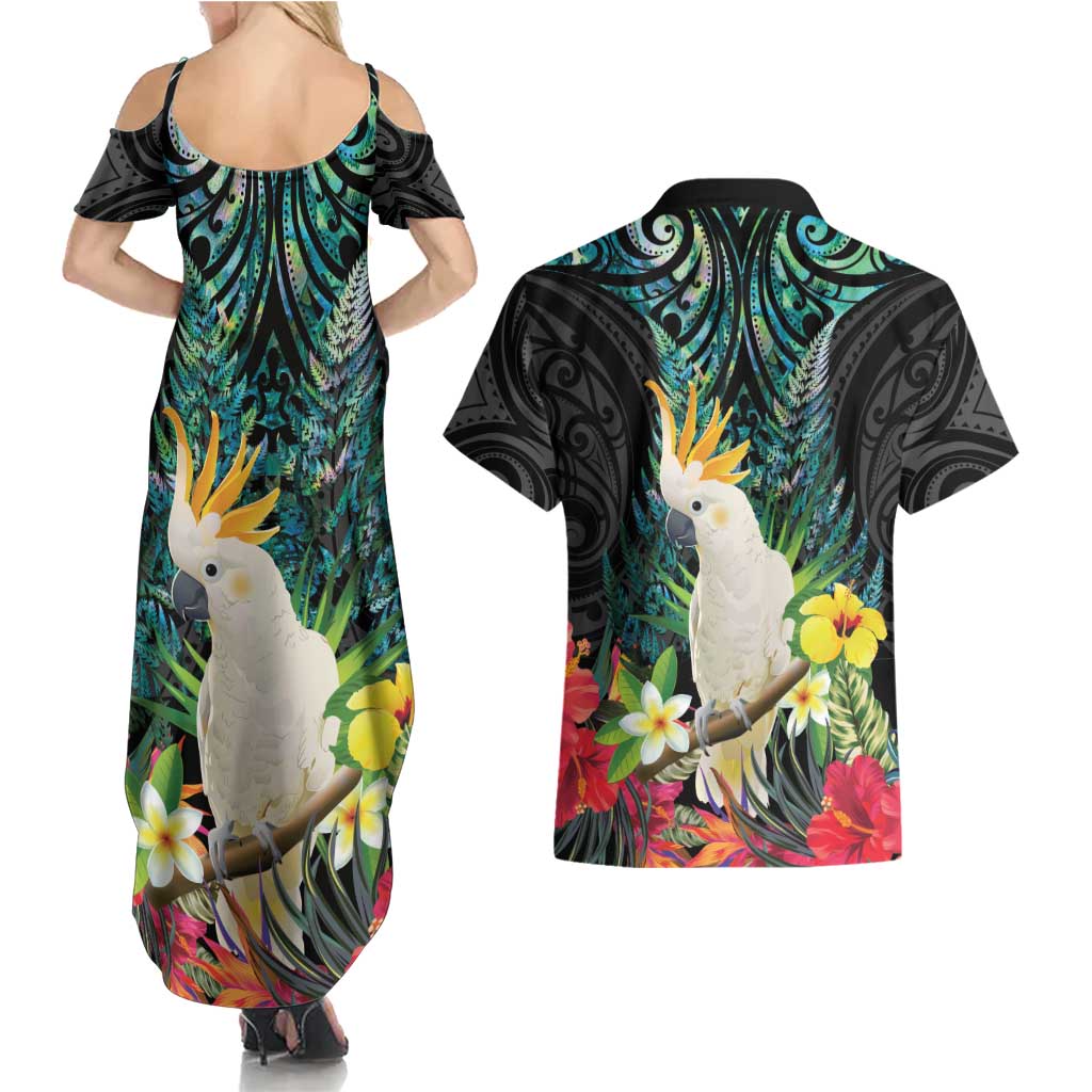 Sulphur-crested Cockatoo New Zealand Couples Matching Summer Maxi Dress and Hawaiian Shirt Paua Shell Aotearoa Maori Tropical Flowers - Aussie Hoodie