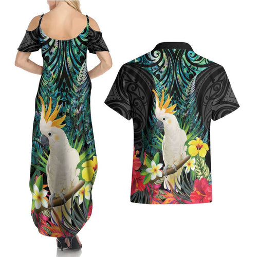 Sulphur-crested Cockatoo New Zealand Couples Matching Summer Maxi Dress and Hawaiian Shirt Paua Shell Aotearoa Maori Tropical Flowers - Aussie Hoodie