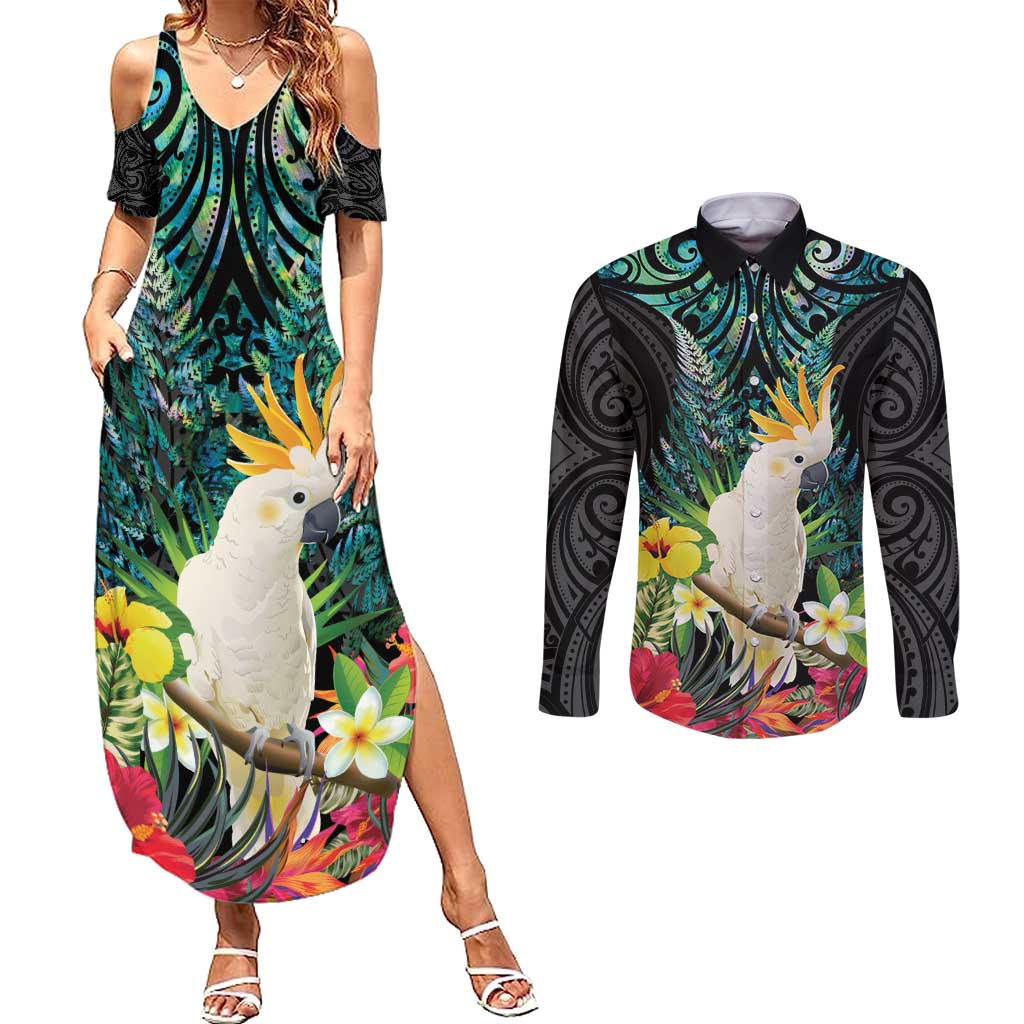 Sulphur-crested Cockatoo New Zealand Couples Matching Summer Maxi Dress and Long Sleeve Button Shirt Paua Shell Aotearoa Maori Tropical Flowers - Aussie Hoodie