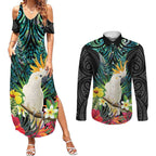 Sulphur-crested Cockatoo New Zealand Couples Matching Summer Maxi Dress and Long Sleeve Button Shirt Paua Shell Aotearoa Maori Tropical Flowers - Aussie Hoodie