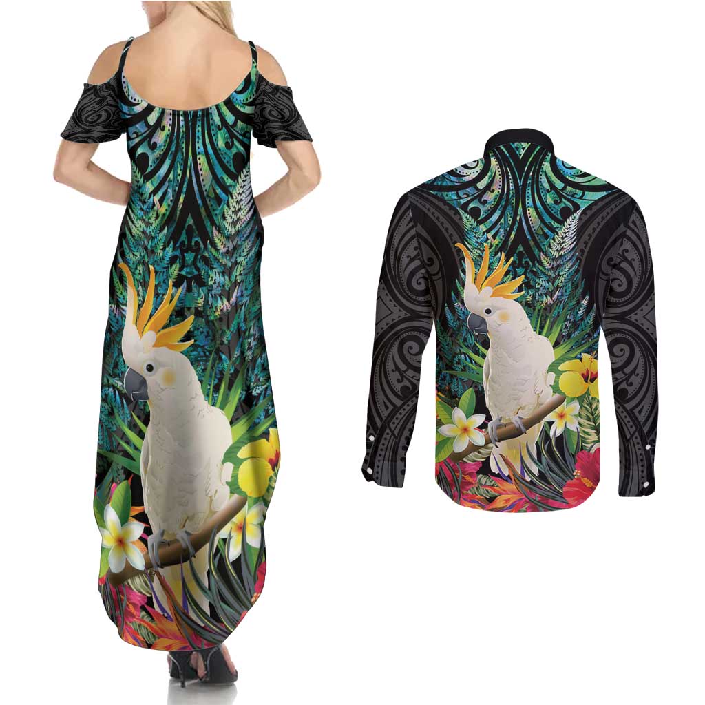 Sulphur-crested Cockatoo New Zealand Couples Matching Summer Maxi Dress and Long Sleeve Button Shirt Paua Shell Aotearoa Maori Tropical Flowers - Aussie Hoodie