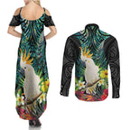Sulphur-crested Cockatoo New Zealand Couples Matching Summer Maxi Dress and Long Sleeve Button Shirt Paua Shell Aotearoa Maori Tropical Flowers - Aussie Hoodie