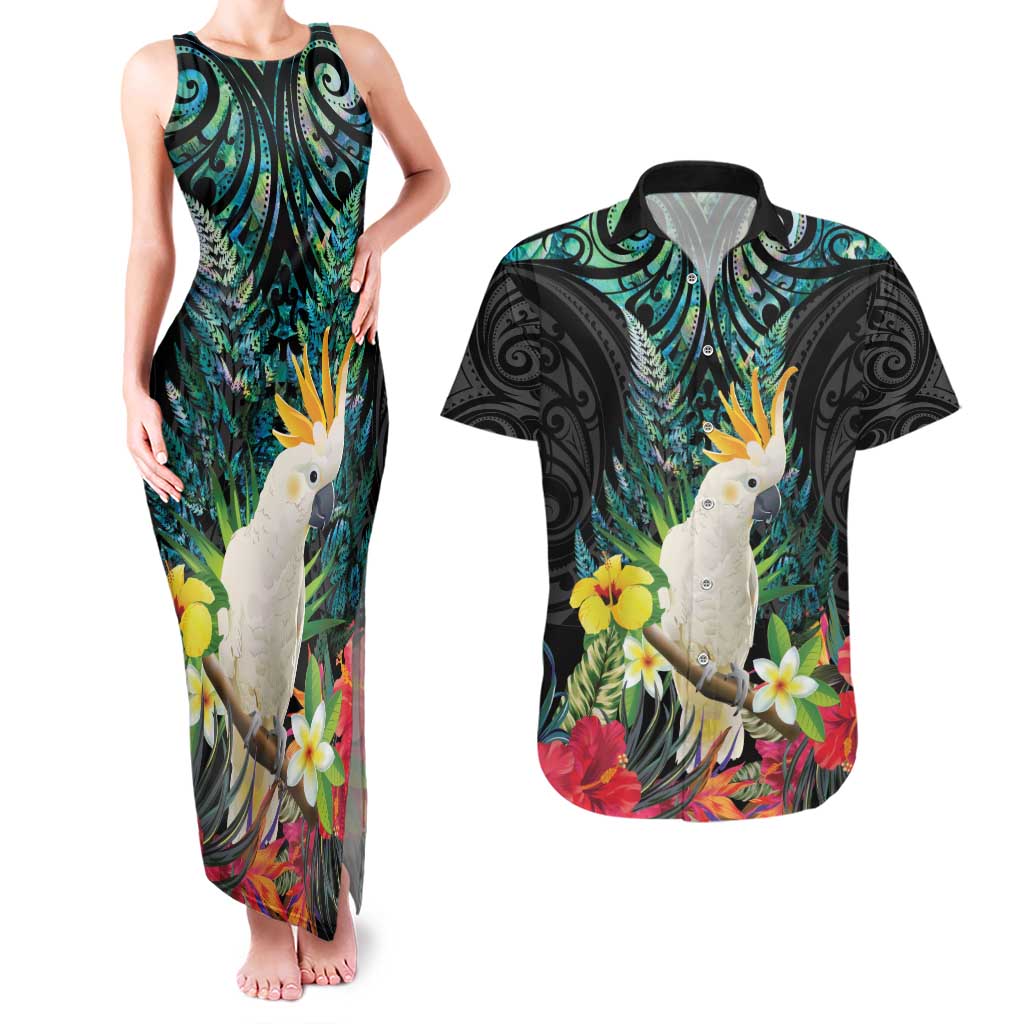 Sulphur-crested Cockatoo New Zealand Couples Matching Tank Maxi Dress and Hawaiian Shirt Paua Shell Aotearoa Maori Tropical Flowers - Aussie Hoodie