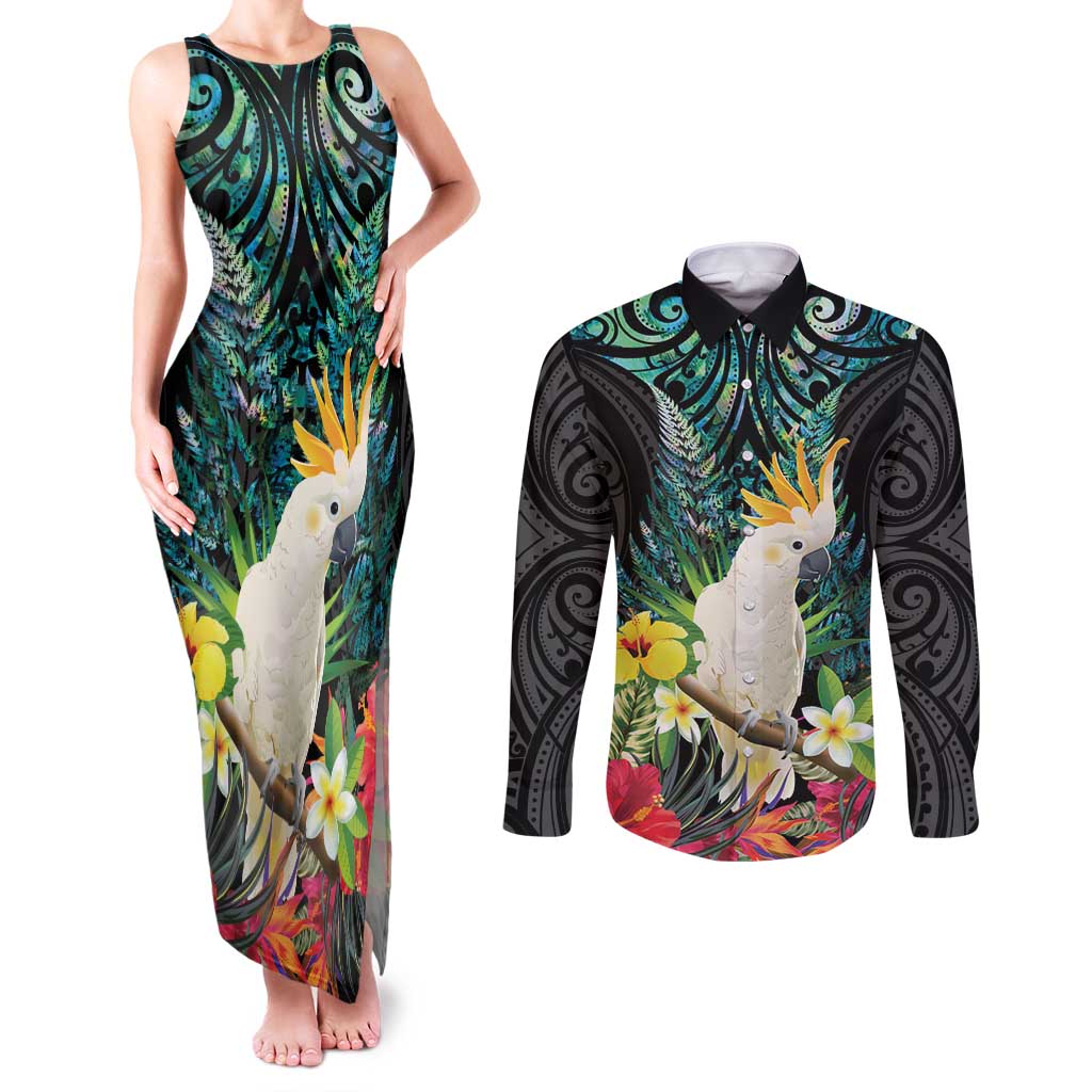 Sulphur-crested Cockatoo New Zealand Couples Matching Tank Maxi Dress and Long Sleeve Button Shirt Paua Shell Aotearoa Maori Tropical Flowers - Aussie Hoodie