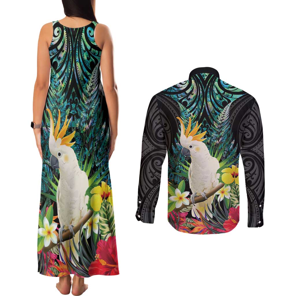 Sulphur-crested Cockatoo New Zealand Couples Matching Tank Maxi Dress and Long Sleeve Button Shirt Paua Shell Aotearoa Maori Tropical Flowers - Aussie Hoodie