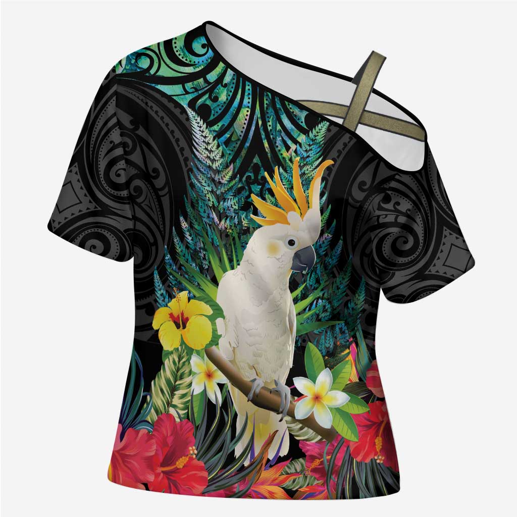 Sulphur-crested Cockatoo New Zealand Cross Shoulder Shirt Paua Shell Aotearoa Maori Tropical Flowers - Aussie Hoodie