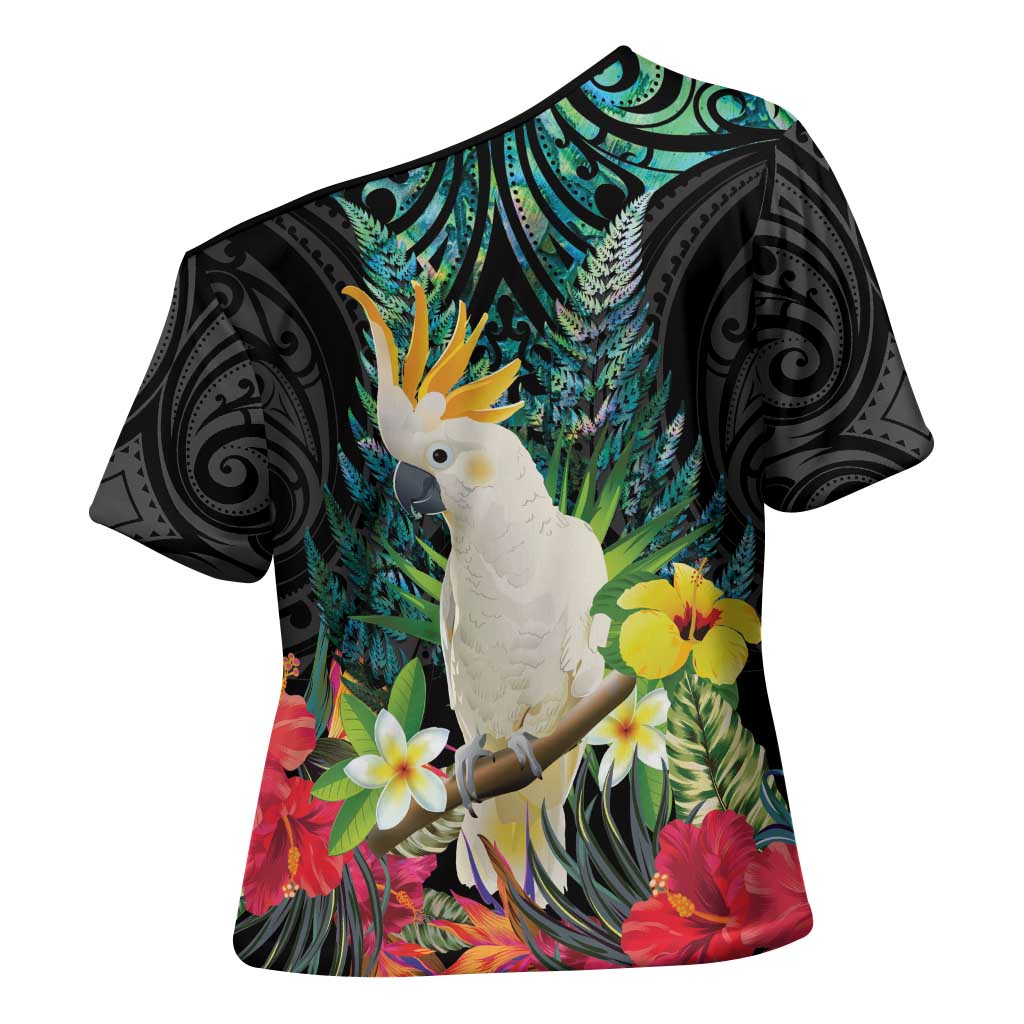 Sulphur-crested Cockatoo New Zealand Cross Shoulder Shirt Paua Shell Aotearoa Maori Tropical Flowers - Aussie Hoodie
