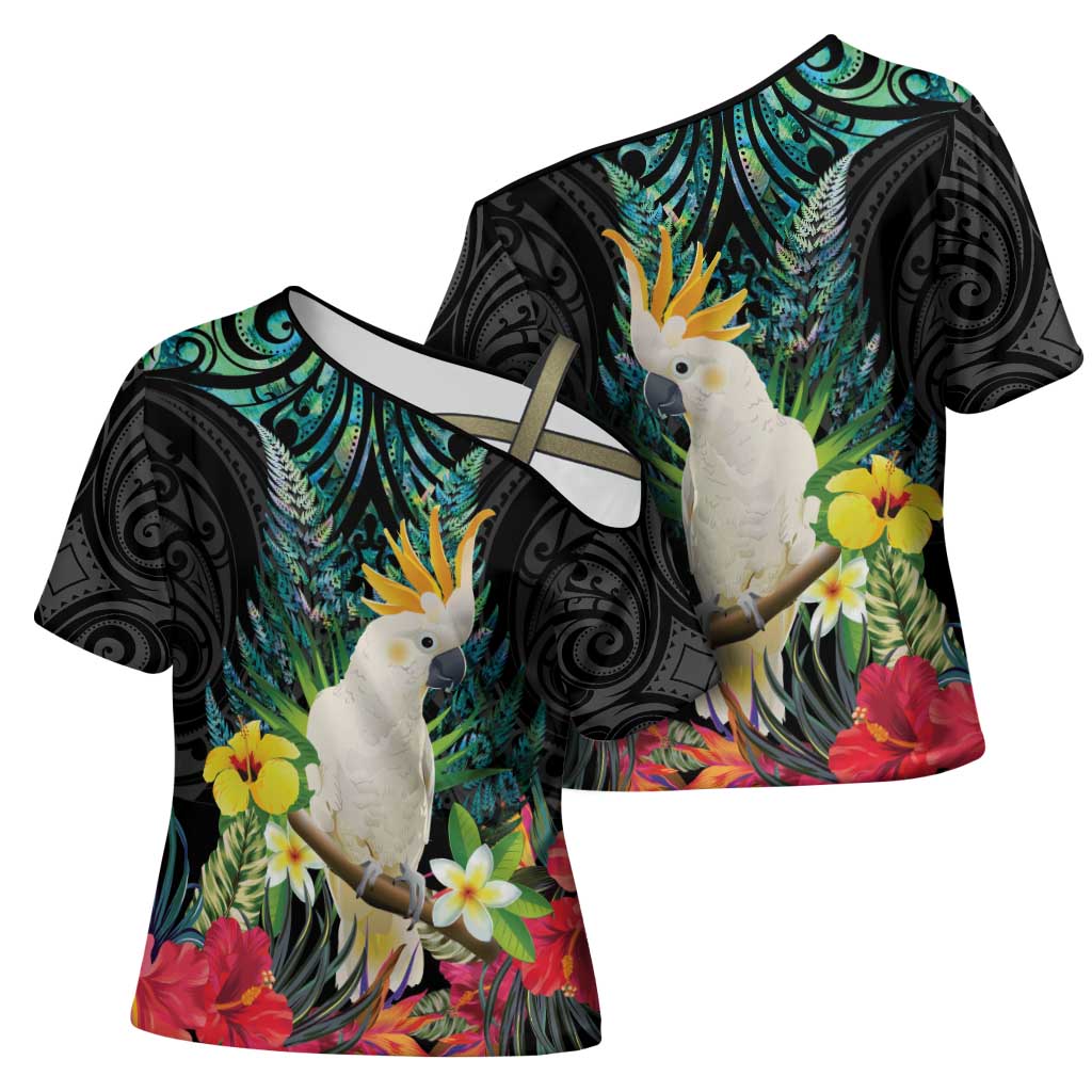 Sulphur-crested Cockatoo New Zealand Cross Shoulder Shirt Paua Shell Aotearoa Maori Tropical Flowers - Aussie Hoodie