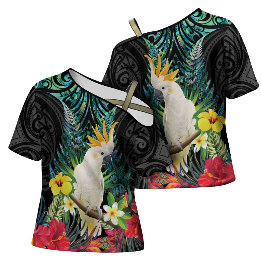 Sulphur-crested Cockatoo New Zealand Cross Shoulder Shirt Paua Shell Aotearoa Maori Tropical Flowers - Aussie Hoodie