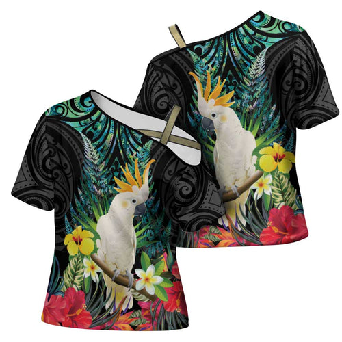 Sulphur-crested Cockatoo New Zealand Cross Shoulder Shirt Paua Shell Aotearoa Maori Tropical Flowers - Aussie Hoodie