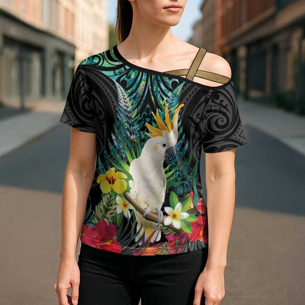 Sulphur-crested Cockatoo New Zealand Cross Shoulder Shirt Paua Shell Aotearoa Maori Tropical Flowers - Aussie Hoodie
