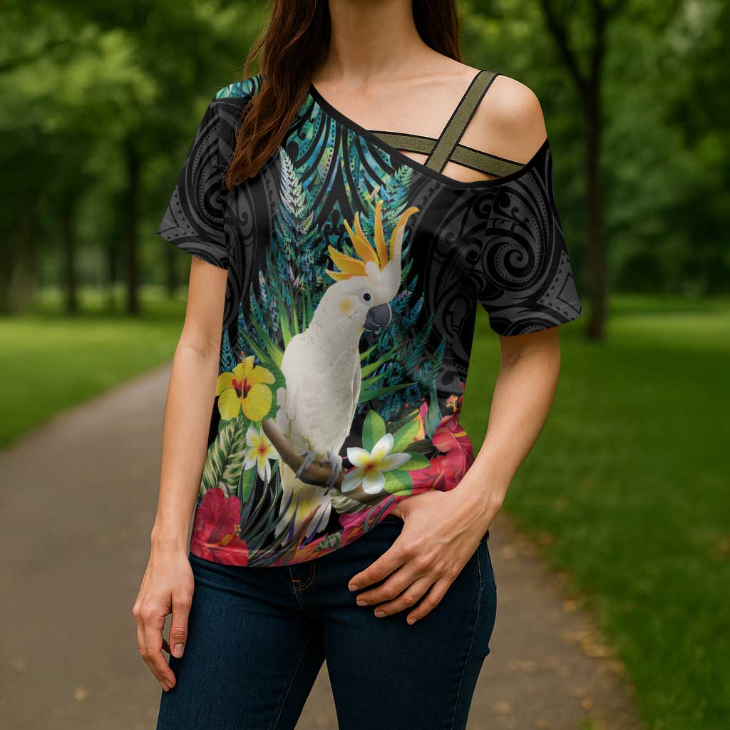 Sulphur-crested Cockatoo New Zealand Cross Shoulder Shirt Paua Shell Aotearoa Maori Tropical Flowers - Aussie Hoodie